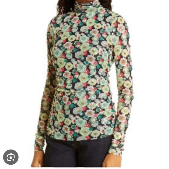Cinq A Sept Kiwi Embellished Ruched Printed Mesh Turtleneck Top in Green - Small - Picture 1 of 9